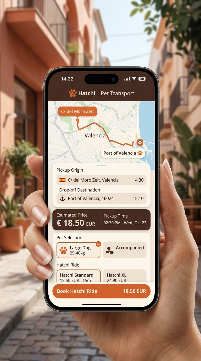 App de HATCHI - Pantalla de reserva y transporte de mascotas